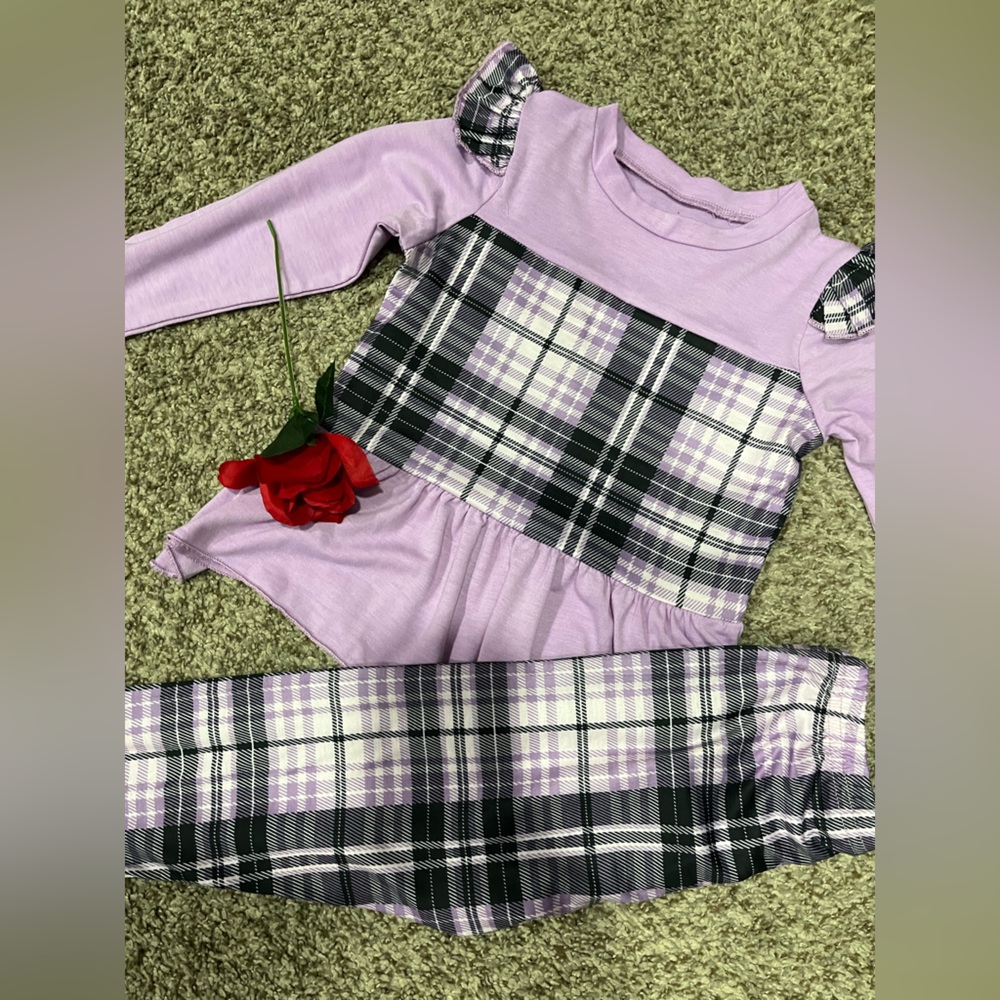 Purple Plaid Long Sleeve Top and Pants Set